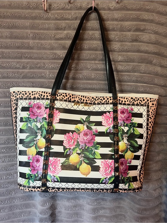 Betsey Johnson Handbags - Betsey Johnson Black & White Striped Tote with Pink Florals and Yellow Lemons